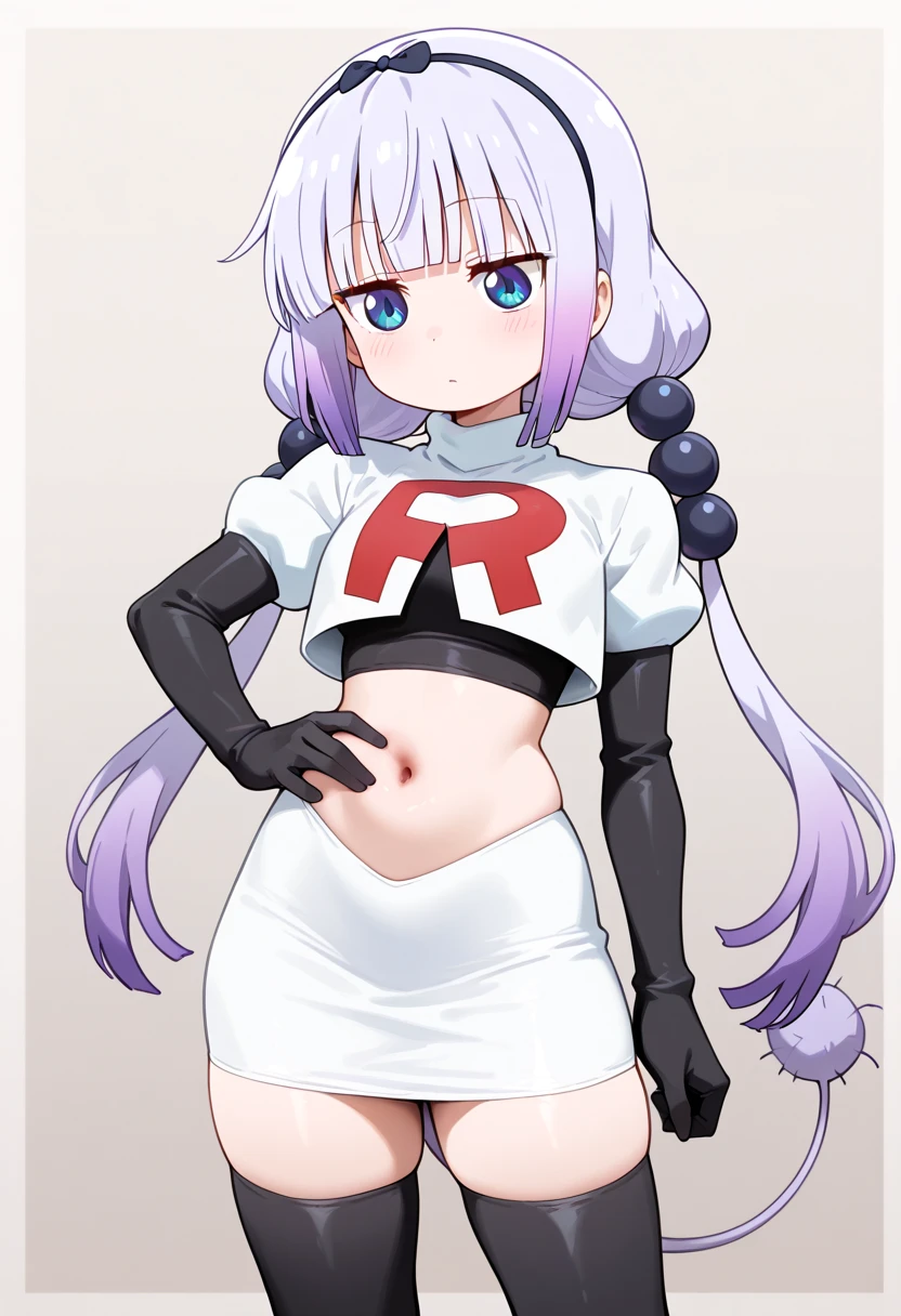 masterpiece, detailed, high quality, absurdres, shisuikiki, 1girl, solo, small breasts, curvy, cowboy shot, team rocket,team rocket uniform,white skirt,red letter R,crop top,black thigh-highs,black elbow gloves