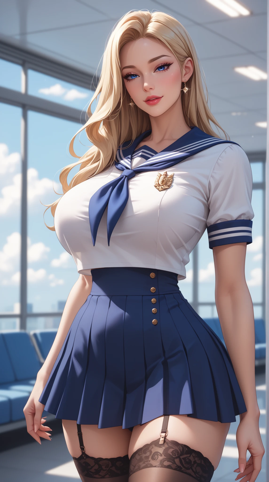 ((Scandinavian mature woman)), ((sensual body, thick, very beautiful woman, hourglass illustration, big breasts, huge , big ass)),((Dignified woman))(Shiny long hair, wavy), (cute eyes, pale alabaster skin), ((camel toe)), (Detailed and thick), ((perfect woman image)), ((Huge breasts that are about to burst、Giga Breast、saggy breasts)), Chubby, thick waist, soft belly. masterpiece, highest quality, ((detailed fingers)),((1 person)), 8K quality, very delicate and beautiful, Official art with attention to detail, (highly detailed hands), digital art, hyper details, top fade, (beautiful and detailed eyes, beautiful detailed lips, highly detailed eyes and face, eyelash length), ((sensual curves,Leaning forward,Show me your cleavage,smile, Very sexy)), (thigh gap, camel toe, pubic hair, vulva) voluptuous physique that accentuates her hourglass illustration. Emphasizes plump breasts and bulges, prominent butt cheeks, (with school in the background),maintain an attractive aura. she has a bewitching presence, Her body decorated with a unique blend of abstract and realistic designs. (looking at the viewer),((High school sailor suit:1.3)),(Pretz miniskirt:1.3)