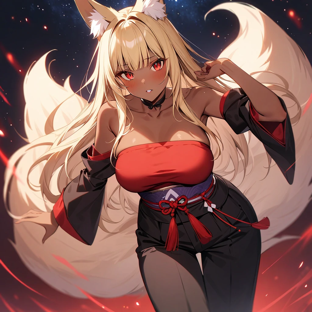1 very tanned girl, height 1.7 meters, very big breasts, big butt, very strong arms, strong legs, strong physical composition, 2 blond hairy fox ears, long blonde hair, red and light pink eyes, confident look and a shiny confident smile, wearing plain black short top, showing too little marked abs and a cleavage, also wearing a red small leather jacket with a white fur hood, dark brown short shorts, dark brown ankle boots with mid heels, sunset countryside, she holds one medieval longsword with one hand, high res, ultrasharp, 8K, masterpiece, looking at viewer