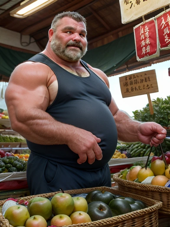 mature old man, grandpa, virile, tough, sturdy, plump, bulging muscles, massive feet, (hairy), pale skin, full body portrait, intricate details, visible feet, micro thong lingerie, grocery store cashier uniform, cap, red and yellow, smirk