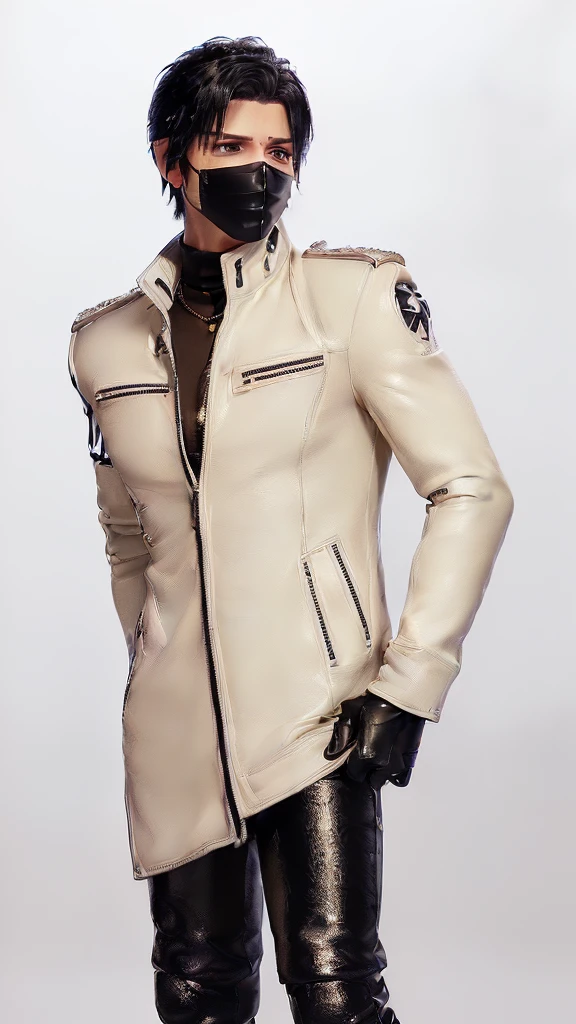 Final fantasy taste and reality graphics, ((Japanese young cute and cool ikemen boy)), his age is early 20s, thin eyebrows and beady eyes, ((he wearing off white color leather thick and heavy material jacket)), ((jacket is singlebrest)), ((biker style jacket)), ((jacket is large size)),((with epaulet)), ((jacket is long sleeve)), ((zipped front of the leather jacket)), , ((voluminous leather jacket)), ,((must jacket is high length and stand-up collar)) ((jacket collar with two belts)), ((jacket is a little black color line pattern)), ((also wearing black thick material turtleneck lackluster shirts)), ((tight black leather pants)), ((put black leather tight and thin glove on both hands)), ((black leather knee-high raceup boots)),((must views head-to-toe)),((must views whole body)), ,((Do not show skin from the neck down)),leather jacket leather glove and leather pants have few wrinkles, Avoid showing your innerwear,zip up jacket fastner.must put on a leather glove.
Boy is black hair.boy looks like fashion model.