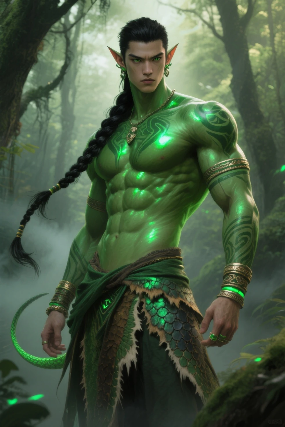(((intricate design))) (((professional))) (((clear focus))) (((32k UHD Resolution))) (((photorealistic))) (((hyper-detail))) (((masterpiece))), ultra-realistic, expressive eyes, perfect face, mesmerising eyes, perfectly detailed anatomy, low contrast, a digital render (((Volumetric lighting))) (((cinematic lighting))) (((nighttime))) (((raining))) (((thunderstorm))) (((1Male))) (((Bodybuilder))), (((muscular))), (((hyper pecs))) there is a sexy mature man with green paint on his body, slick shaved sides hairstyle, ((thighs)) bodily fluids, round butt, green coloured skin, gay, green skin! (((green coloured skin!!))), (((green skin))). (((green-skinned))), (((wearing a kimono robe))) ((green skin with scales)), ((green skin)), windy, (((greenish skin))) plantation on the male body, fluorescent green skin, (((radiant orange eyes))), extremely windy, leaves falling (((a powerful nature deity))), elf ears, druid magic, green gem necklace, hot reptile muscular humanoid man, scales, muscular green body. Glowing veins, nature spirit, (((Ancient forest at night)))