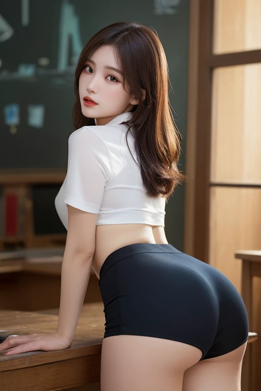 (legs open on classroom chair)), Female Teacher v6, Necklace, Earrings, Full Body V6, Long Gray Hair, Translucent Clothes, Look, Superb, Ultra High Definition, RAW Photography, Realism 1.25), (Bright Lip Gloss, Long Eyelashes, Smooth) Face, Light Bright, Natural Shadows, Wide Light, Wide Light, Depth of Field, Intense Colors, Subtle Caustics: 0.8), Smile, (Big), v6, There are windows showing various buildings in the city (absurdity, high resolution, super detail), smile, (big), v6 ((Adriaan Honig))) girl with blonde hair and blue eyes, beautiful, thin, sexy pose, back figure, gaze is window side, thin ((white sheer blouse, black silk underwear, underwear bite, sexy pose, lower body slender, back view, gaze window side, buttocks sticking out, (( on all fours)), buttocks facing away,
