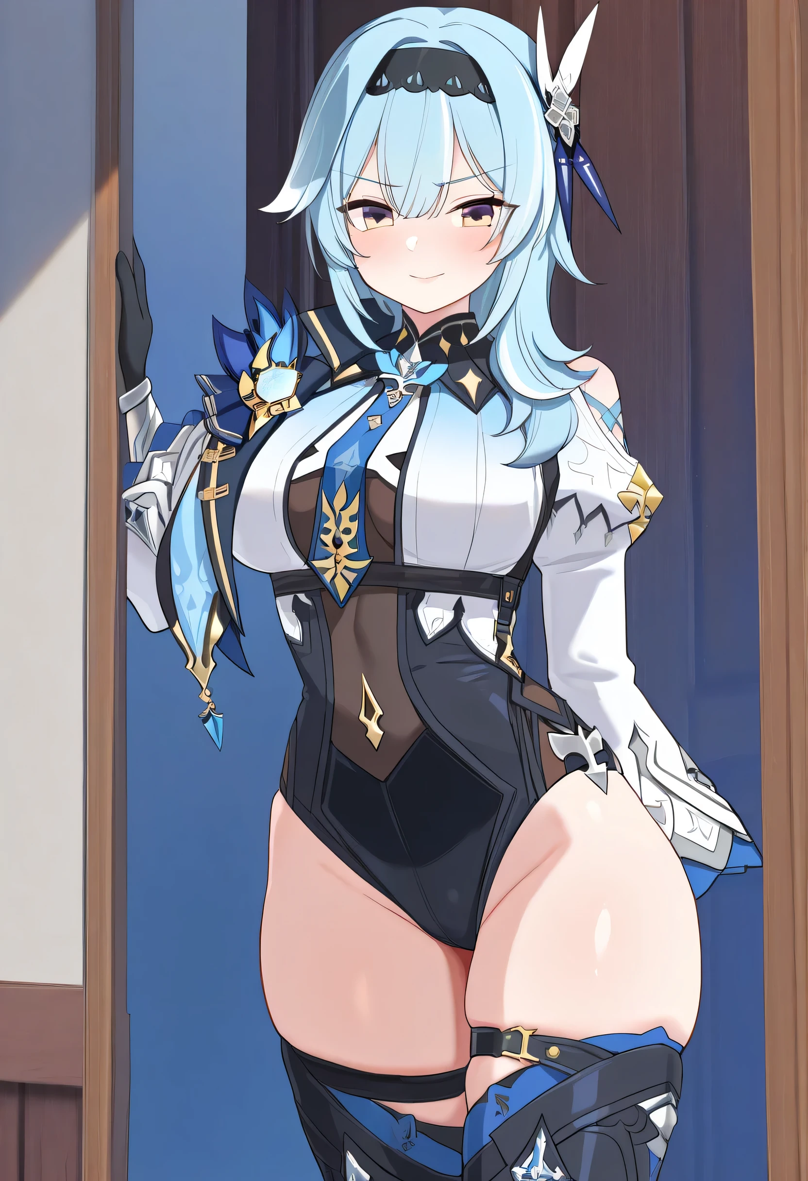 Masterpiece, 1girl, animal ear fluff, animal ears, armor, armored boots, bangs, blue gloves, blue hair, blue leotard, blue thighhighs, boots, breasts, cleavage, closed mouth, clothing cutout, cloud, day, flower, fox ears, fox tail, full body, gloves, grass, grey hair, perfect body, perfect breasts, leotard, long hair, looking at viewer, navel, navel cutout, outdoors, ponytail, shoulder armor, sky, smile, solo, standing, tail, tree, water, yellow eyes, Genshin Impact style