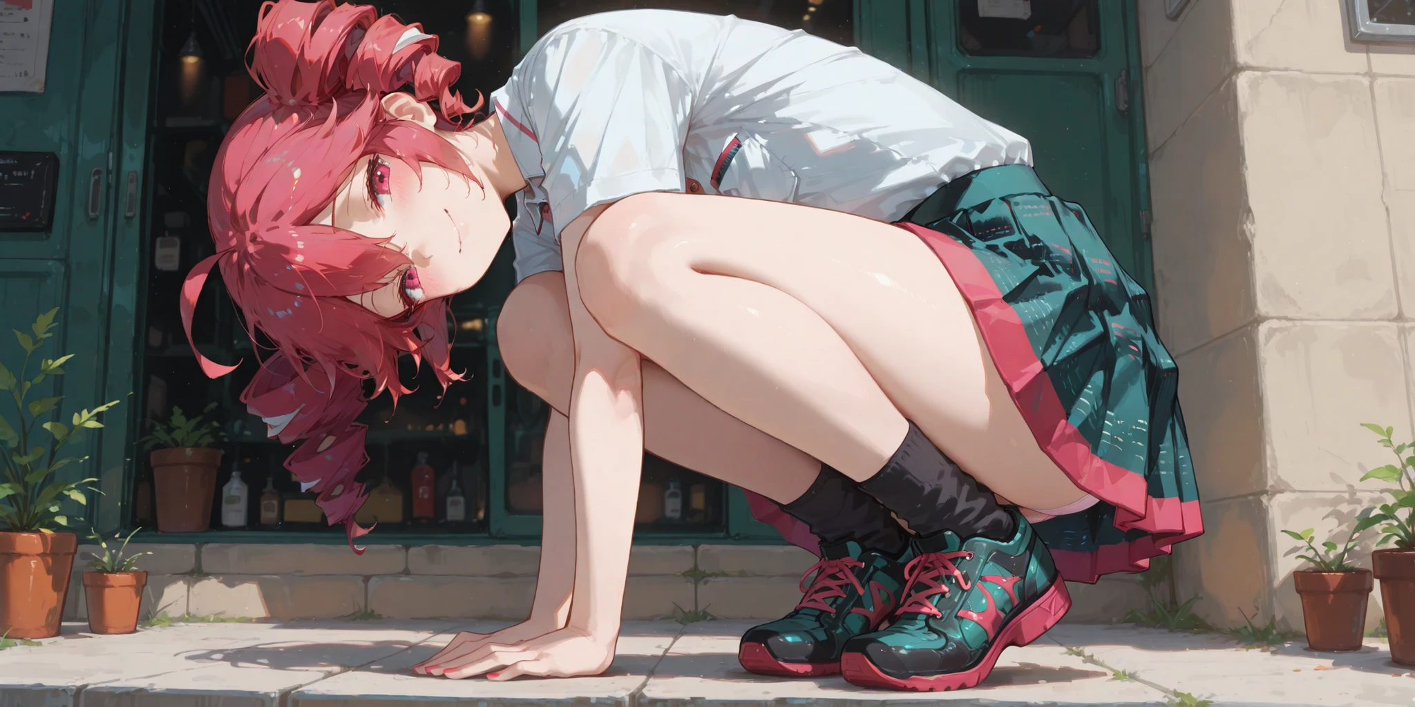 girl 21 years old, short shoulder-length hair, pink hair , 