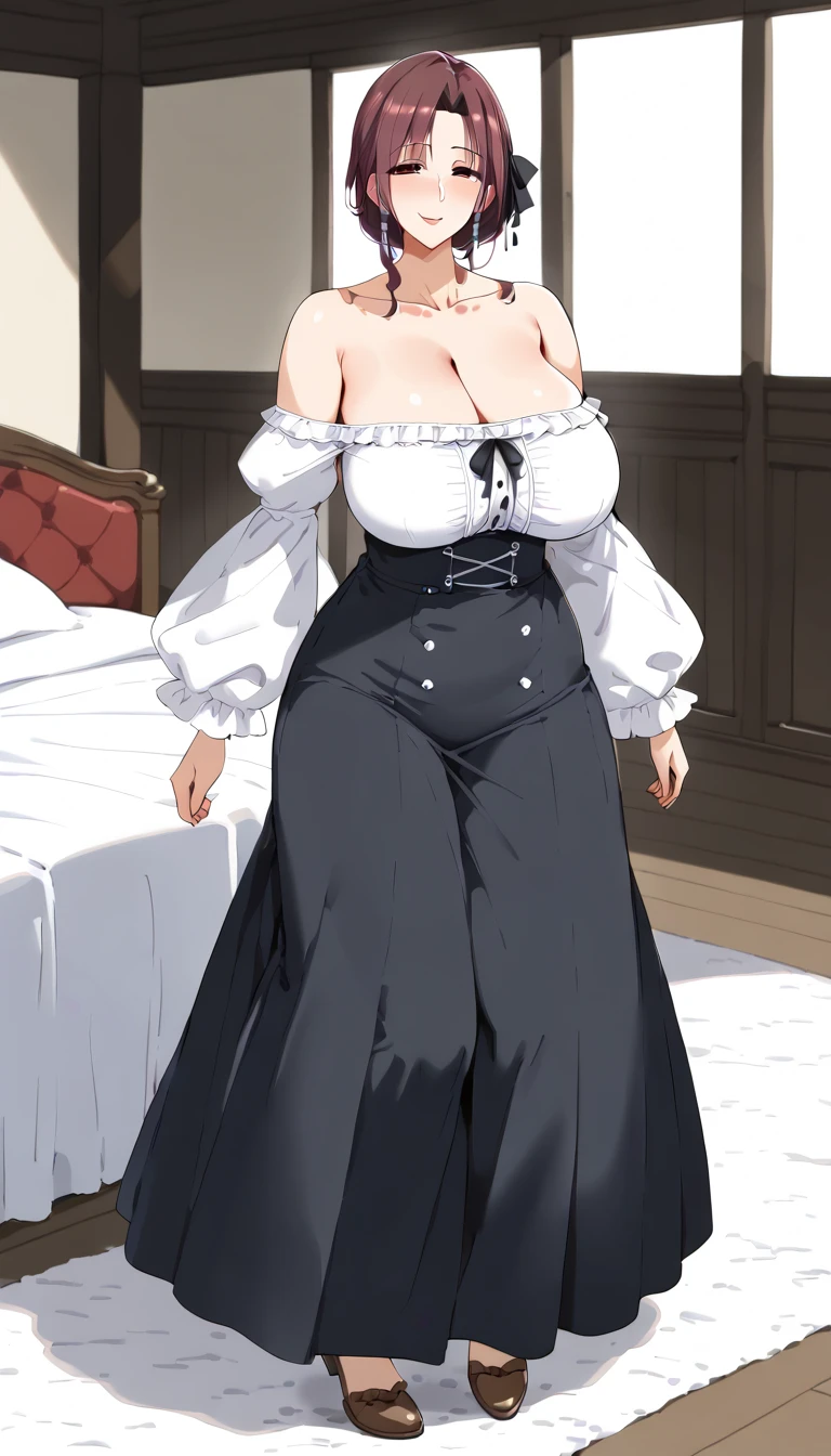 (Best quality: 1.5), (masterpiece: 1.5), (2.5D), (good definition), (detailed face), (well-drawn face), (vivid colors), (1 character), (exaggerated proportions), (hentai), (perfect anatomy), (character in the center), (absurd), (4k wallpaper), (detailed eyes), (perfect hands), (perfect fingers), (beautiful skin), (glowing skin) )), (perfect shadows), (perfect lighting), (full body), (beautiful eyes), (masterpiece), (voluptuous body), (pretty face), adult woman, seductive MILF, Mature MILF Face, woman mature, blonde hair with a low and slightly disheveled ponytail, green eyes, wears glasses, wears a knee-length dress with long lace sleeves fitted at the waist and a moderate V neckline, happy and excited expression, huge breasts, huge thighs, butt Huge, voluptuous body, good proportions, she is standing at the entrance to her house opening the door