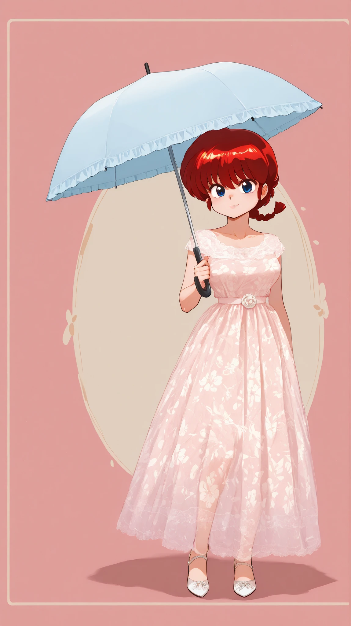 Ranma Saotome, Wearing a short floral lace dress I hope it fits. estilo bem feminino, rosto corado. from under an umbrella. With an evening mood. Background of the image is a public square