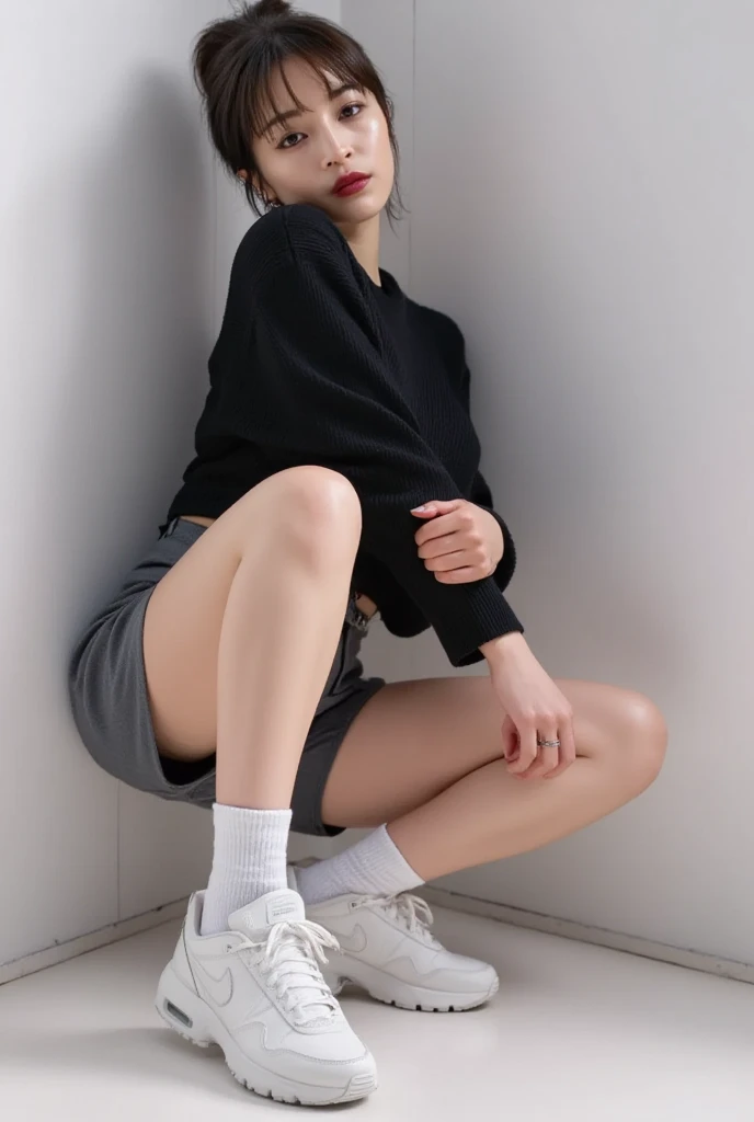 (best qualtiy,A high resolution,tmasterpiece:1.3),A tall and beautiful woman,Dark brown hair in loose wavy styling,nedium breasts,Wear a pendant,white button-down blouse,a black skirt,(Modern architecture in background),Beautifully rendered details in face and skin textures,Detailed eyes,二重まぶた