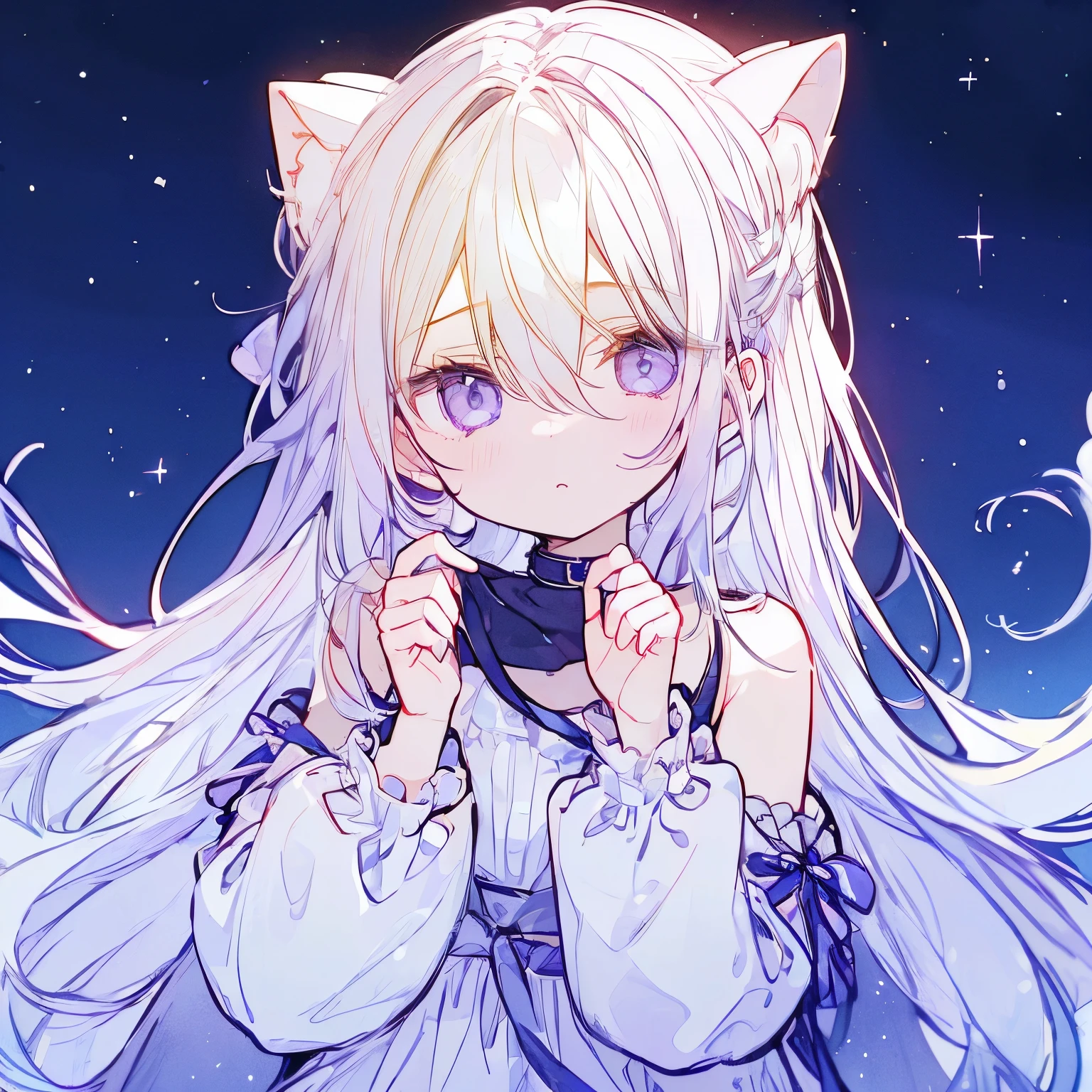 1 girl repairing her left hand、 long white hair、Long bangs、hair between eyes、white clothes、silver eyes、Saggy Eyes、night sky background