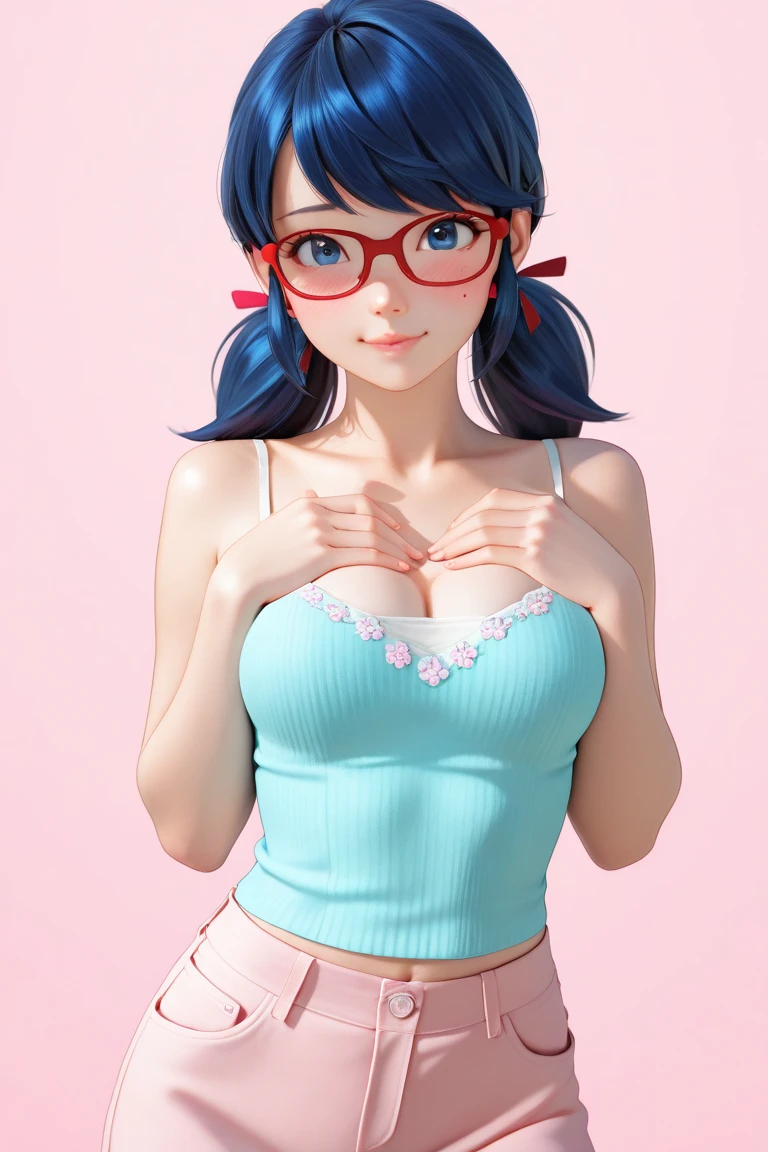 1girl, cute japanese girl, big eyes, sensual face, seductive smile, solo, short hair, erotic mini sport bra, red color bra, devil horns headband, , red sensual lips, off shoulder, perfect round breast, small breast, cleavage, underboobs, erotic, nsfw, glasses, blush, seductive smile, cute face, looking at viewer, sexy pose, blue background, silver hair, simple background, sexy pose, blue eyes, lips, closed mouth, ribbon, hair ribbon, , bangs, upper body, parted bangs, pink ribbon