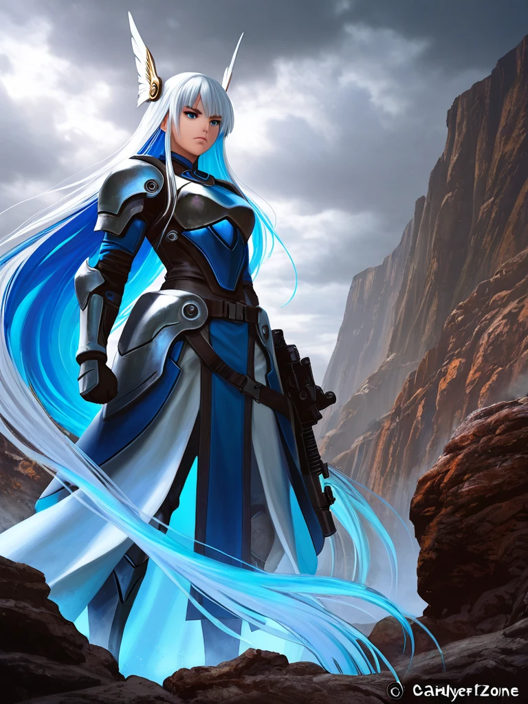 Long blue hair that shines beautifully in the sunlight、Blue mechanical armor with white engravings、Big Sword、On top of cliffs by the sea、Entrance clouds in the sky、A big dragon flies in the sky、