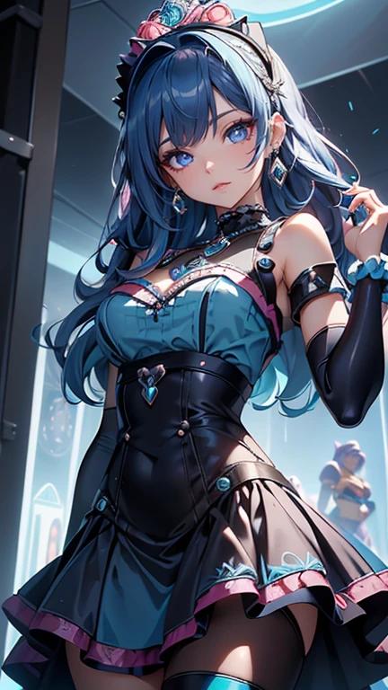 ((16ｋ,Raw photography,top-quality,hight resolution,Ray tracing,PBR Texture,Post-processing,)),(((Purple Leather Bondage Skirt , Cute Japan anime girl,魔法少女まどか☆マギカ,Homura Akemi,long wavy dark blue hair,Emphasize cleavage,bare hand,Thin leg,)))(finerly detailed face:1.4),(​masterpiece:1.4),(top-quality:1.4), Beautiful fine skin,(cute little:1.5),(Complex fishnet stockings),pin heels,Leather luster 3.0,Beautiful skin,(Dark Red Bodycon),((tthin eyebrows,long eyelashes,smil,二重まぶた,)),Lying in bed,No title required,Do not wear anything on your shoulders, Nasty figure, From  above,Staring from the front,Create a beautiful light effect in the background、Create the effect of confetti in the background,