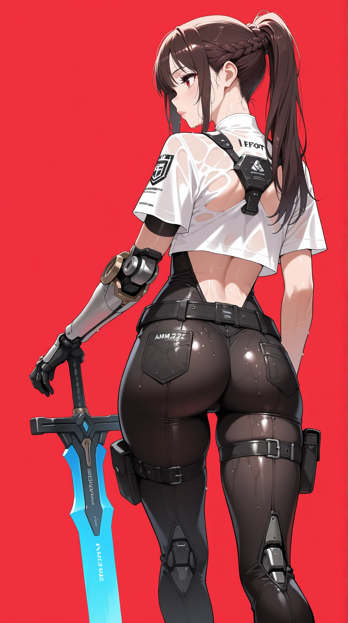 (((Red suit))), (((back view))), (((dental floss))), (((perfect ass))), (((best qualityer: 1.4))), (((standing backwards))), (((DuneWalker))), (((post-apocalypse))), (Unbeatable masterpiece), (hiper HD),(CG 8k hyper-realistic), (((breasts big))), (((hyper feminine))), sensuous girl, (bob hair with straight bangs), ((( sculptural body ))), (((1 girl))), 20 year anime girl with perfect body, Beautiful and well-groomed face, slanted eyes, muscular body:1.2, costume with textured details in pixel art, (Head to thigh photos)，modern samurai pants, Complex equipment, rot, cerulean, yellow, orange, Violette, long pants，Tight, dark clothes，With white stars and white stripes, Metal parts in armor, afro girl, (((standing alone))), pirralha violent, (((14歳))), sensuous, pose de atitude, work of art, post-apocalypse, (((manga style))), Bounty Hunter, violent, Manic, the way you want, slenderbody, thin but strong, perfectbody, roupa moderna, Advanced technology, short shorts with checkered pattern in red and black, fur collar jacket, sleeves with vertical striped pattern, neutral background