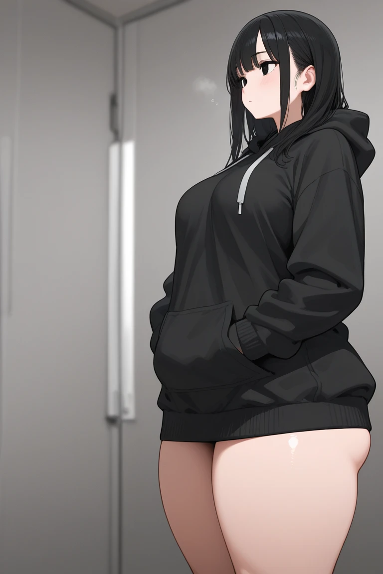 masterpiece, Highest quality, 1 person,( Large Breasts,Are standing, View your audience,),Detailed Background、A person who writes in detail、Accurate human body、Knowledgeable person、Accurate 5-finger,Mature Woman,Thighsが太い,Cruby Body,allmind,Long sleeve、Thighs、alone,((Oversized hoodie,)),slave collar,