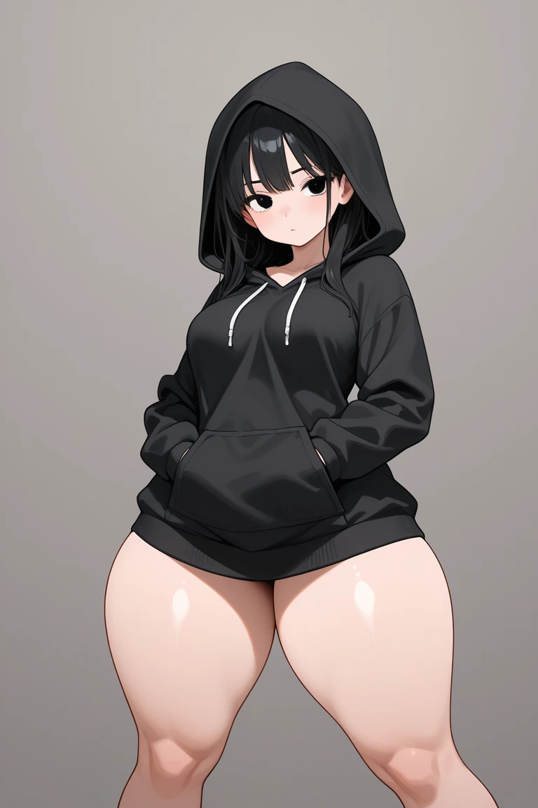 JooRidef, black hair, long hair, blue eyes, large breasts,
1girl, solo, looking at viewer,Large hoodie, no pants
masterpiece, best quality, standing up, 4k, ultra hd, masterpiece, wallpaper, 26 year old woman, mature woman, perfect image, ultra sharp image, lips seperated, 3/4 body image, indoors, close up, long sleeve, looking all the way up at viewer