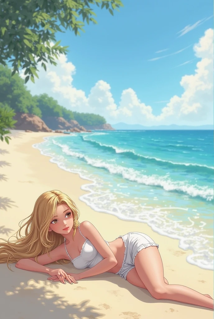 Sexy anime girl on beach, naked, blonde