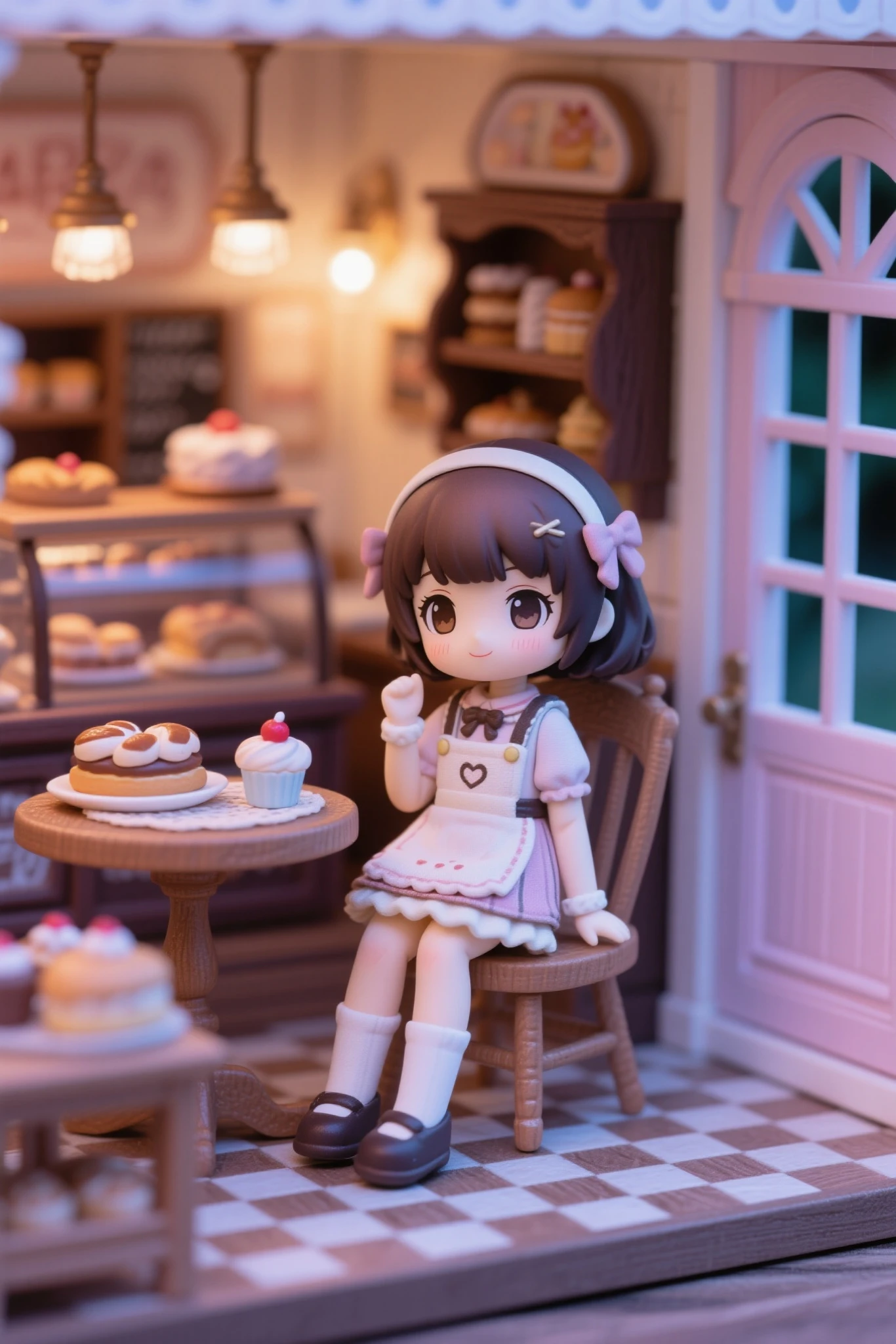 Cute Baby Chibi Anime、(((Chibi 3D)))(Best Quality),(masutepiece)、Chibi Food Shop、fashion modell、Black Hair Bob Hairstyle、Open your mouth and smile、a small face、Standing、