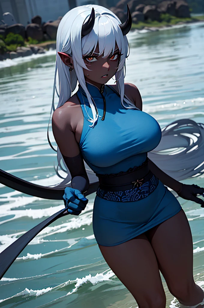 (high res, 8K, masterpiece, looking at viewer, best quality, very aesthetic, ultra detailed, ultra background, ultra Eyes), intricate details, 1girl, Meimei, has long silver-blue hair that is usually styled in two braids, one covering her face and the other hanging down behind her head and over her shoulders, dark purple eyes, Perverted face, red lips, Big Ass, big breasts, buttocks facing the camera, bend over, background Waterfall, Mountain, Forest, river, Cinematic Angle