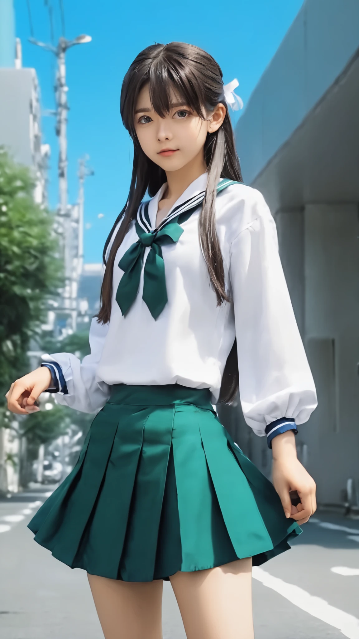 ミニスカートでバイクに跨るHigh School Girlが、Sailor Suit、Summer clothes、白いSailor Suit、High School Girl、ponytail、short skirt、white panties visible、バイクに跨るHigh School Girl、Kawasaki Ninja green、and the navel is visible、realistic with panties visible、Highest image quality