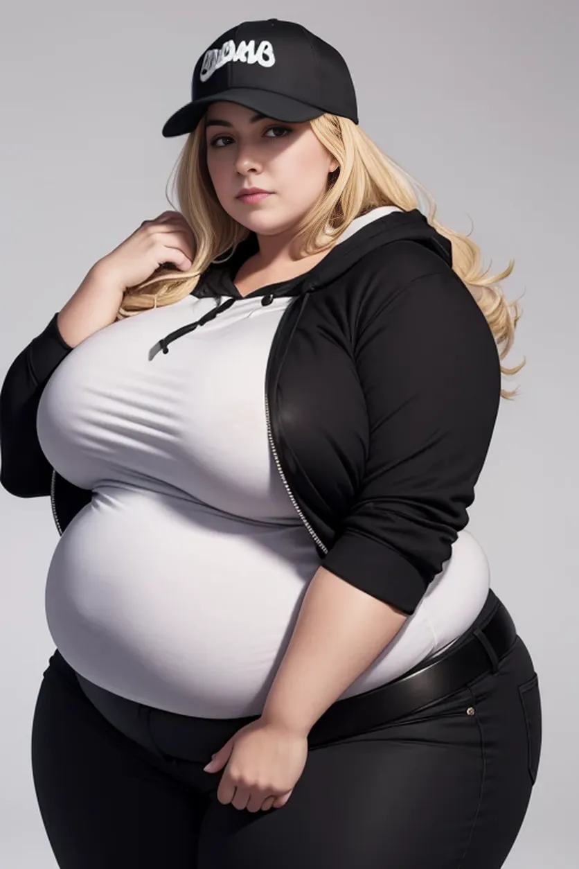 five extremely fat and large women hugging, huge bust, 300 pounds, black pants, massive stomach, lovehandles, smiling, bbw, plus size woman, belt, obese, hand on shoulder, wearing a baseball cap, black silk shirt, white jacket, voluptuous body, fatrolls, blonde hair