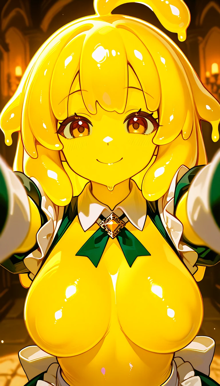 busto, girlish,((Chica Slime)), Limusina Verde, piel de lima, sonriente, bashful, ((fusion))