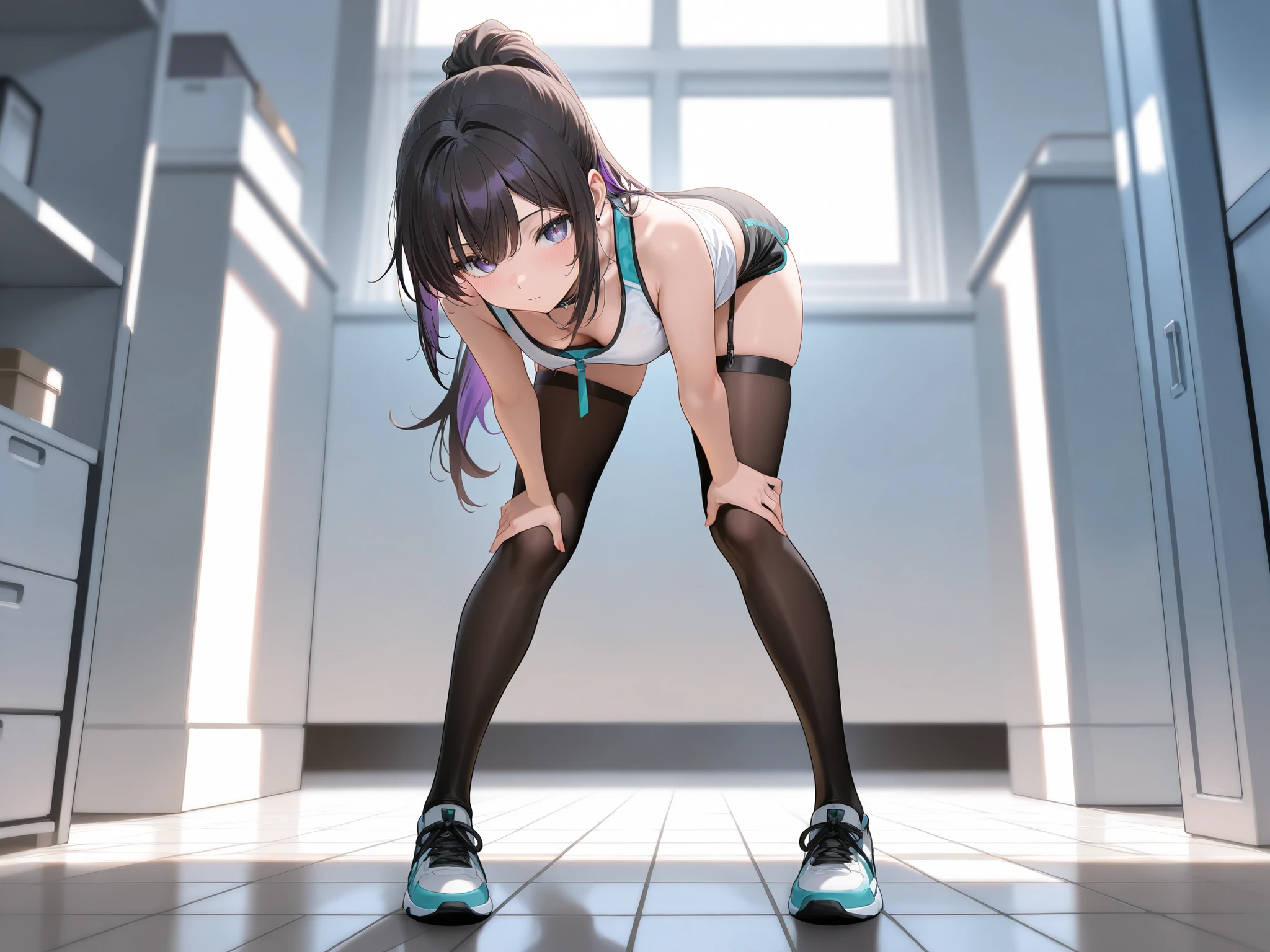 masterpiece, best quality, highres, Matoba Risa, 1girl, solo, busty, small breasts, black hair, sport bra, short skirt, looking at viewer, full body, standing, simple background, (erotic pose:1.4), blush, flustered, (Crotch panties exposed:1.3), ((arms behind head, double armpits, crouching down, half-squat, Open the crotch before:1.3)), Half body, upper body, In the middle, symmetrical,
