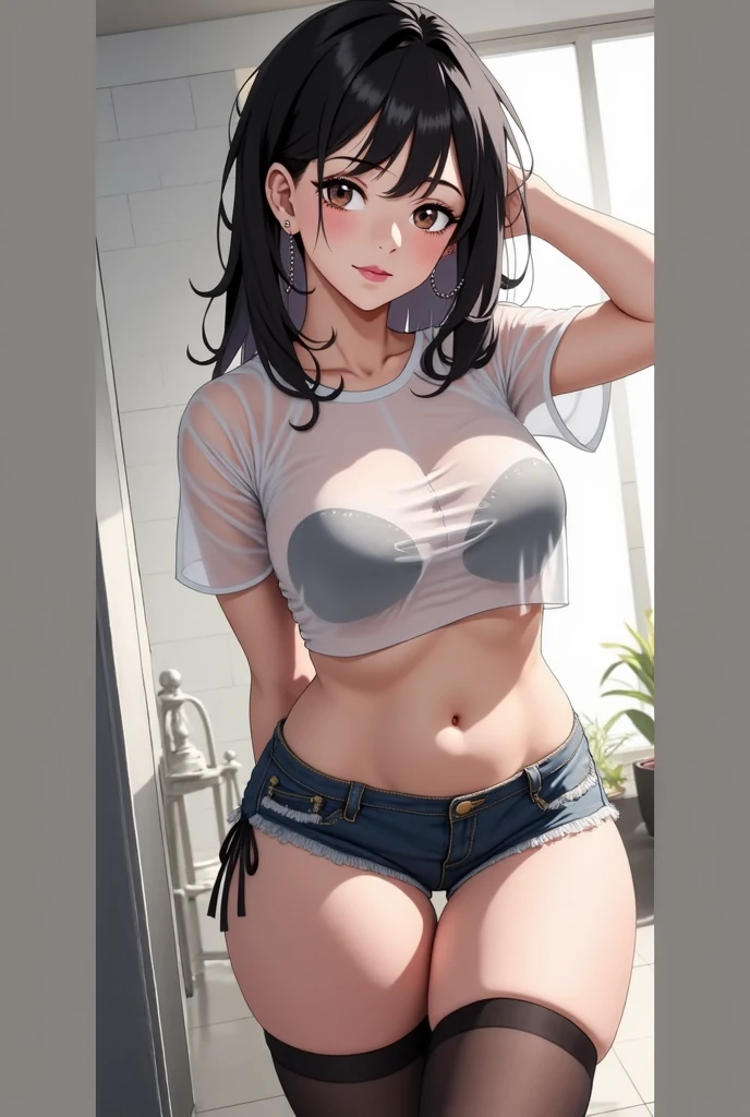 masterpiece, top-quality, (1 mature woman,large boob:1.4), (((A MILF,Black skin))),white t-shirts,shortpants,denim,poneyTail,Non-black hair,4 finger, 1 thumb, Best light and shadow, background is back alley, eliminate sunlight, sitting on, Tub with water underfoot,Watermelon,A small cat is huddled next to her, Dappled sunlight, tag, depth of fields, a plant, 夏天