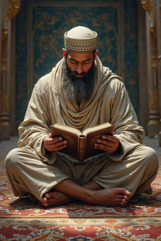 Young strong hairy and bearded Iranian man in white underwear, Islamic cap on the head, sitting on the red carpet reading a green-covered holy book in his hands. 