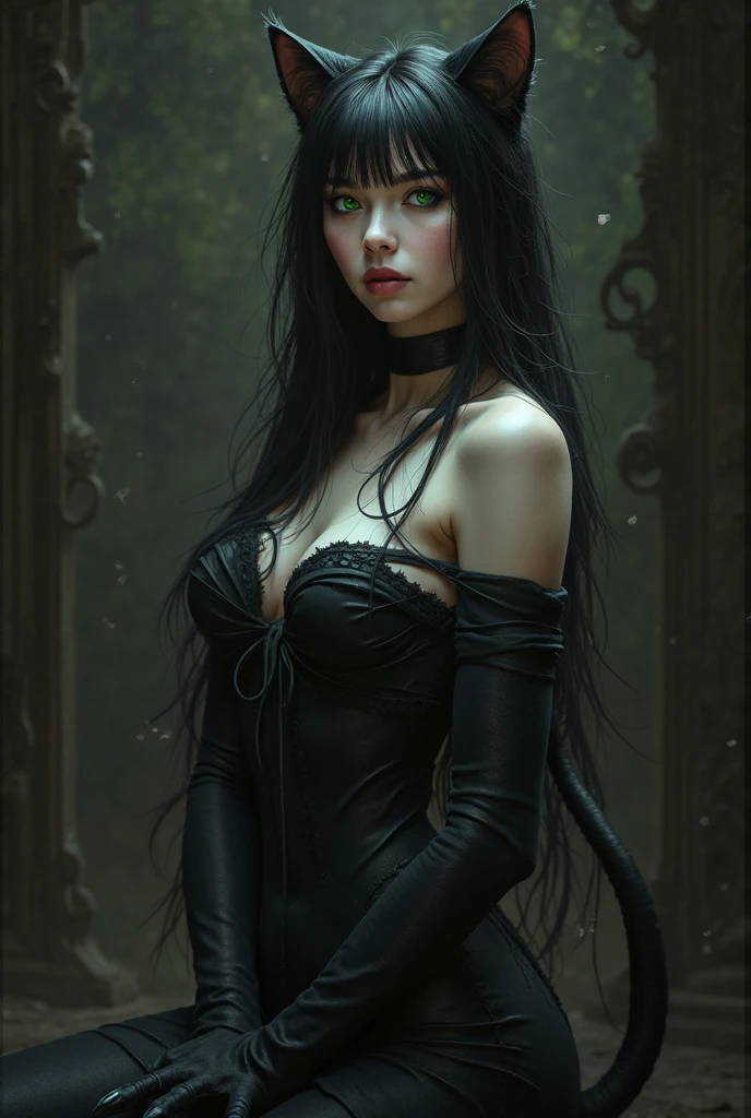 A hauntingly beautiful woman, with her enigmatic allure, sits before an awe-inspiring painting in latex clothing, her intense gaze locked with the viewers'. This captivating portrait, reminiscent of the hauntingly beautiful works of renowned artist David LaChapelle, has secured the prestigious title of a CG Society contest winner. The gothic art style pervades the scene, the air thick with gothic horror vibes, leaving an indelible chill. In the background, Samara Weaving, her vampire-like countenance displayed, adopts a chilling pose. Her penetrating gaze and the ominous atmosphere intensify the unsett