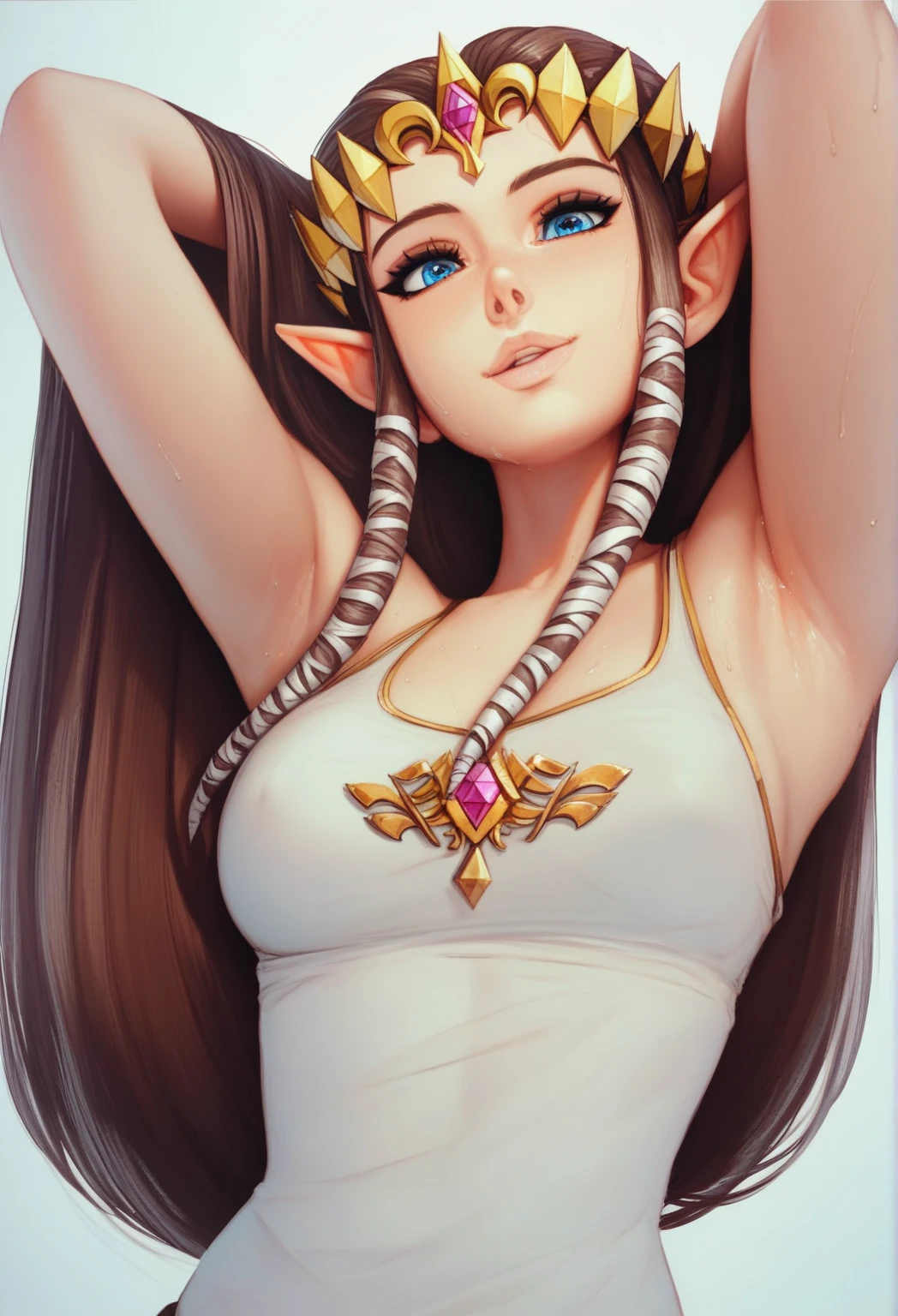 Must Piece, (Solo: 1.1), Perfect Face, (Bright Lighting: 1.2), Beautiful Eyes, Beautifully Detailed Face, Perfect Lighting, Absolutely necessary for the piece, Top Quality, ()MILF, ()Big Tits, 1 on 1, Provocative, Lips, Lips Bold, 8K, High Quality Video, Married Woman,. Beautiful, bright,. 8K, high definition, video, married woman, fair complexion, beautiful figure, beautiful face, small face, full length, beautiful, bright, highlights in eyes, sexy, super big tits, extra large nipples, pink nipples, nipples, erotic, nude, beautiful line drawing. 8K high quality, high accuracy, princess zelda, beautiful, beautiful figure, small face, full length, twilight princess, beautiful,.Description: beautiful, bright, highlights in eyes, small ears, brown hair, sexy, super big tits, oversized nipples, nipples, erotic, illustration, beautiful line drawing.Arms up, Showing Side, Crouching, Crouching, Simple Background, Simple Background, Pink And Black Gradient Background, Dark Background, Blue Eyes, High Heels On Legs, Losing Exposure, Embarrassing Expression