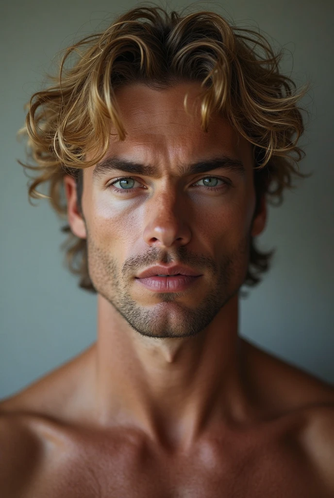 Image of a naked man with blond hair and green eyes showing his penis