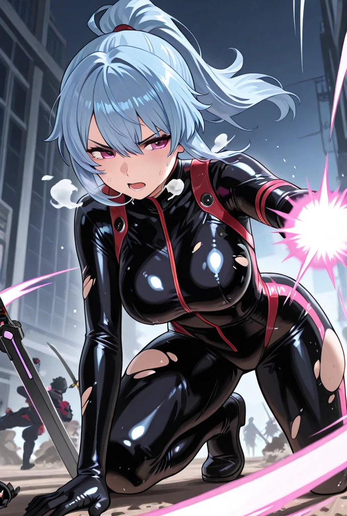 ultra-detailed, Explicit, Beautiful body, Beautiful Nose, Beautiful character design, perfect eyes, perfect face, ultra highres, 4K, beautiful legs, perfect legs, Nice hands, Perfect hand, Masterpiece, Best Quality, Highly detailed, illustration, absurdres, street fighter, doll suit, shadaloo doll, dollsuit, expressionless, blank eyes, looking at viewer, red gloves, emotionless, black latex, corrution, mind control, female combatant, full body, hypnotized, unhappy trance, full body suit, ribbed bodysuit, both arms at side, obey, perfect female body, extremely glossy latex, hypnosis, hypnoLora, empty eyes, Mind control device, poses, submissive_pose, Slave, hat, necktie, stand up straight, standing, standing at attention, hat, necktie, belt, latex, ribbed bodysuit, thighhighs, garter belt, Fighting Stance, extending the right arm from the shoulder into the air with a straightened hand, nazi saluting, military, military saluting, salute, thigh boots, solo, 1girl, Vera Milligan, Nanatsu no Maken ga Shihai suru, indigo hair, short hair, yellow eye, hair covered left eye