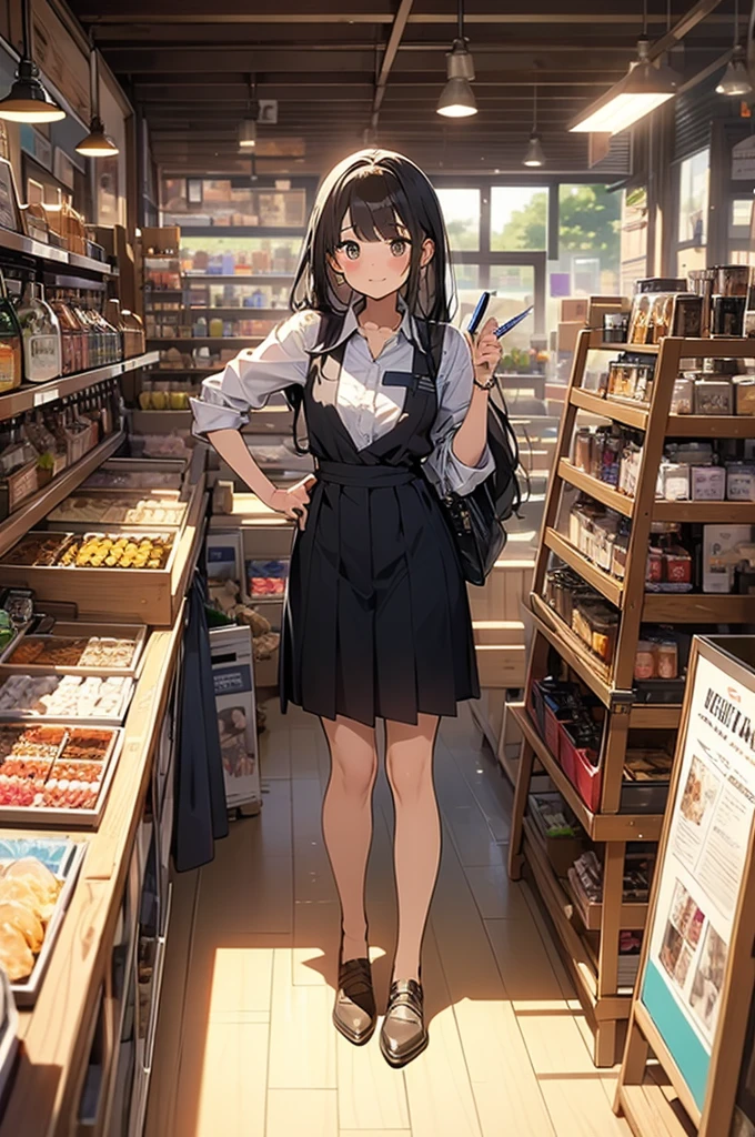 (tmasterpiece:1.2, Need), (Realphotos, Crafted with meticulous precision), 独奏, 1lady, Brown-haired,long whitr hair, Korea,salesman,Black pantyhose,feet focus,supermarket
