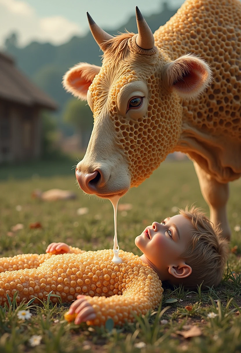 A baby was lying in the pumpkin patch and was stepped on by a cow.
