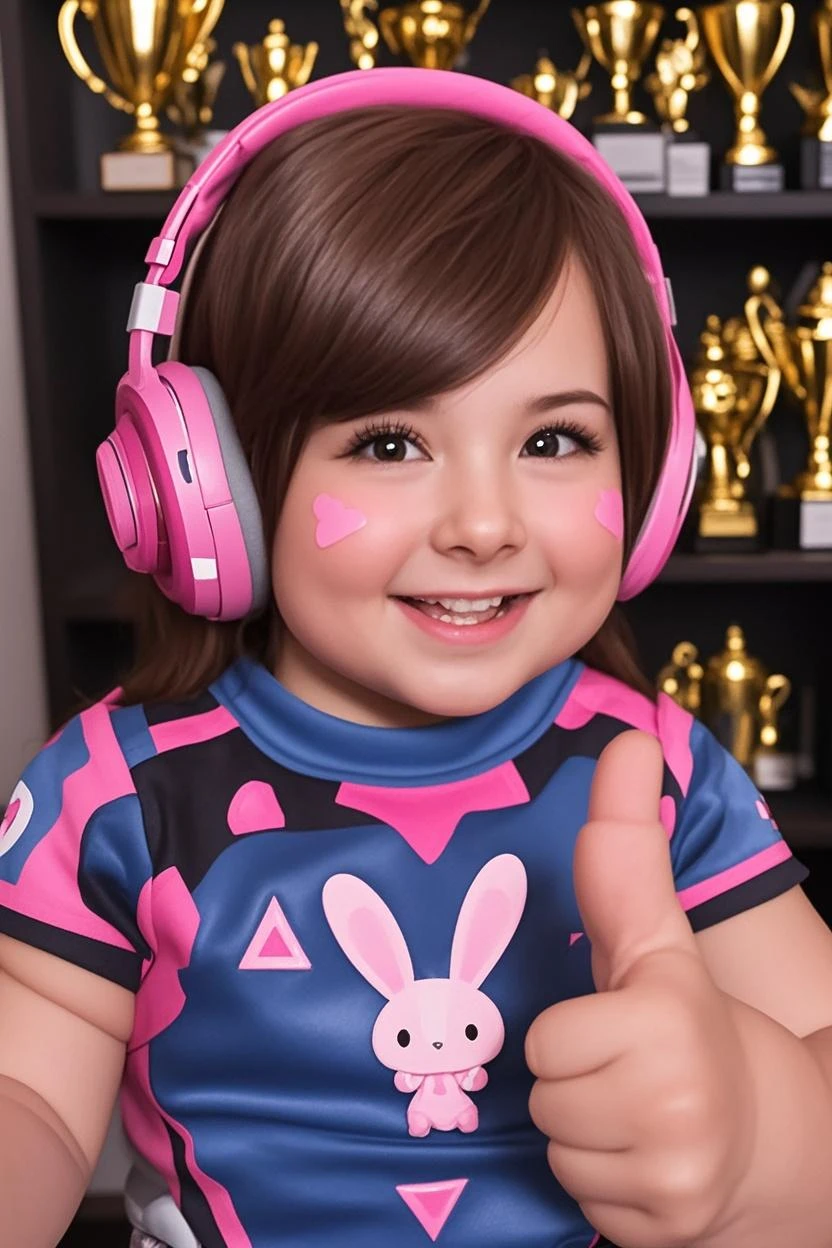 A girl with very colorful pastel pink gamer headphones with wavy dark brown hair and very kawaii brown eyes 