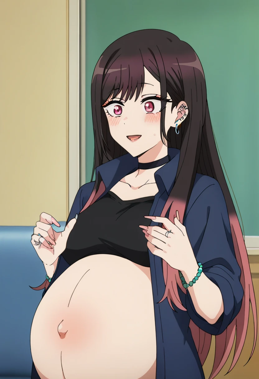 looking at viewer,high quality、high resolution、indoor、living、sitting、pregnant woman、1girl, MamoriTokonome, red hair, thin braid twintails, white smiling cat hair pin, pink lips, gold eyes,private server、middle breasts,happy smile、brush,Put your hands on your stomach