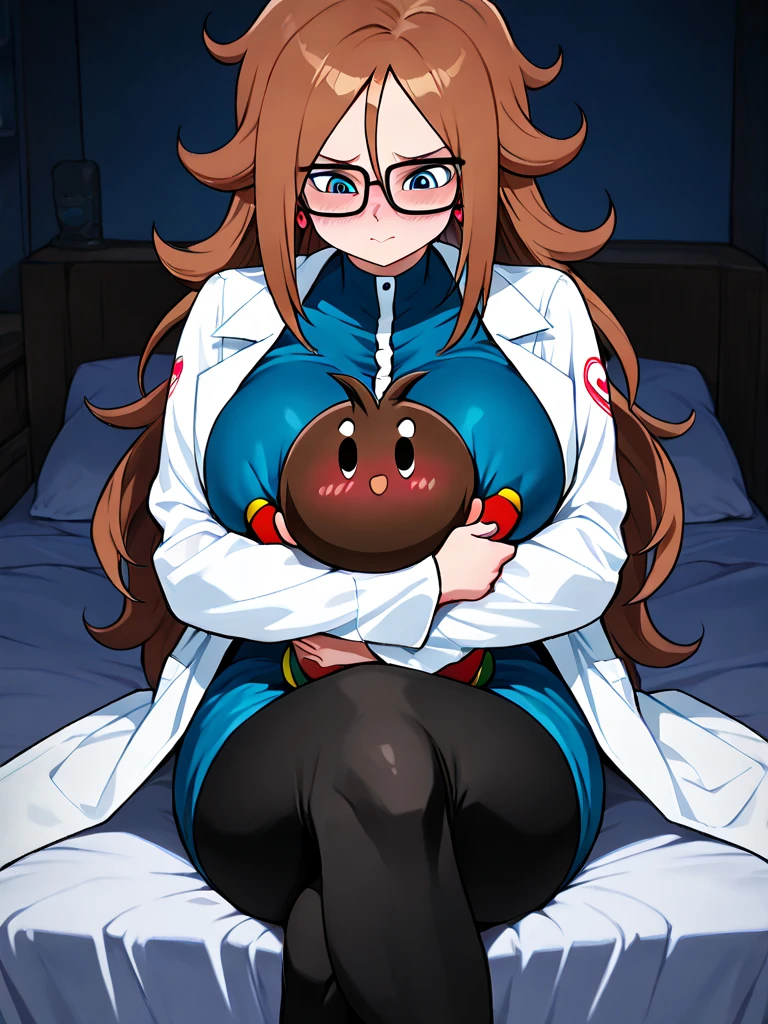 Android 21 from dragonball brown hair, long hair, curly hair, blue eyes, hoop earrings, two-tone dress, checkered dress, sleeveless, black pantyhose, thick thighs, sitting on you pov, glasses, lab coat, mommy, pregnant, crazy smile, fangs,
