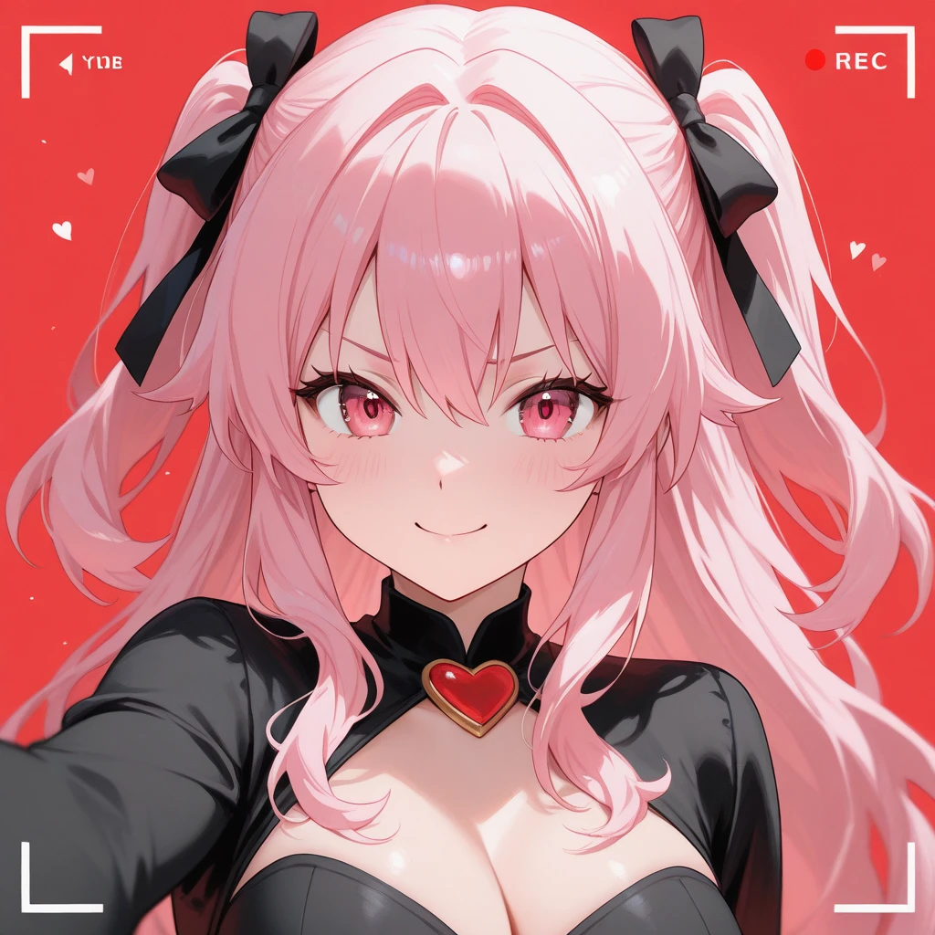 Masterpiece, animerealistic, Top quality, Ultra high definition, Maximum resolution, Very detailed, Professional lighting, kabedon pov, looking at viewer, smug, glowing eyes, One girl, she’s a female oni, yellow eyes, beautiful eyes, wearing mascara, Blush, she has fangs, valentines crush, hearts around, devilish girl, she has light red hair, pastel pink gothic demoness, pink and red outfit, Very cute, heart tail , long hair, Heart hairclip, a pink red corset top, gothic, accentuated huge breasts, sweat, xoxo hearts, valentines setting, love letter in the background, love in the air, princess heart-shaped pupils, lollipop, candy