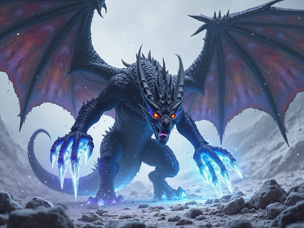 Realistic photos, RAW Photos, monster of the dark dragon world, attacks viewer, Powerful movements, jump on prey, ((Dynamic jump)), Sharp Claws, monster of the dark dragon world , ice magic,approaching from above, sudden approach, Bad-tempered, dynamic Shot from grand, flame magic,High resolution, masterpiece, Highest quality, Intricate details, Very detailed, Clear focus,texture, Delicate eyes, Professional, 4K,Shallow and deep, Kodak Vision Color, Exactly, Very detailed, photograph_\(Extremist\), photographpractical, practical, Post-processing, Maximum details, Roughness, Real Life, Extremist practical, Photorealism, photographgraphy, 8K Ultra HD, photographgraphy