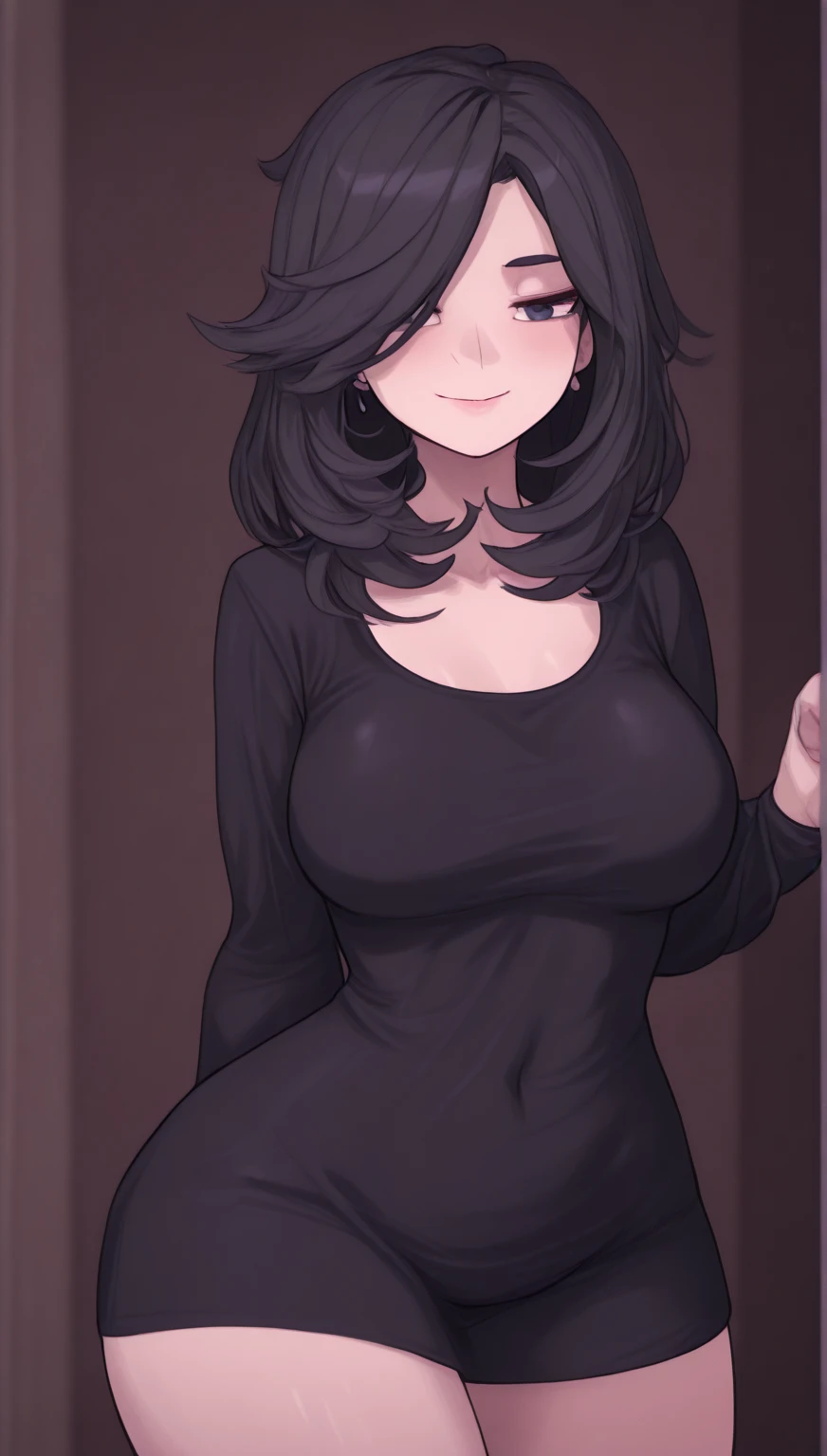 (high quality, 8k, 4K, high contrast, artwork:1.2, high quality, best aesthetics), ((1 woman)), erotic, sensual, mature body, super detailed, beautiful face detailed, beautiful eyes detailed, detailed beautiful mouth, perfect breasts, wide thighs, sexy body, (long straight black hair), (black eyes), (black lipstick), (black eyeliner), (black eyeshadow), (calm expression), (penetrating gaze), (black cat ears), (black cat tail), (short black dress with short ruffled skirt and long sleeves), (centered), (looking at viewer), (standing), (inside a bedroom), (hands behind back), (front view)