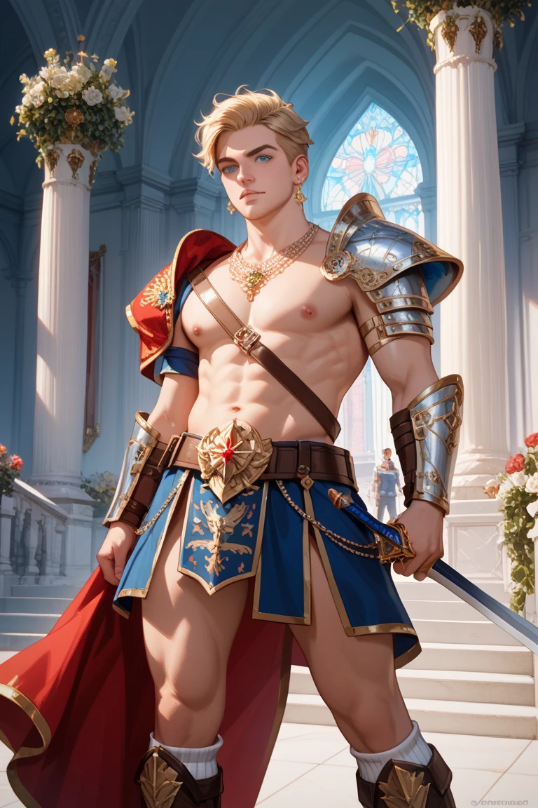 Muscular, with a carefully shaved face, without beard or mustache, handsome, naked blond centurion of the Roman army, 45 years old. He fucks in the ass a red-haired slave boy, 16 years old, poorly dressed, who is in love with him. . There is joy and pleasure on the centurion's face