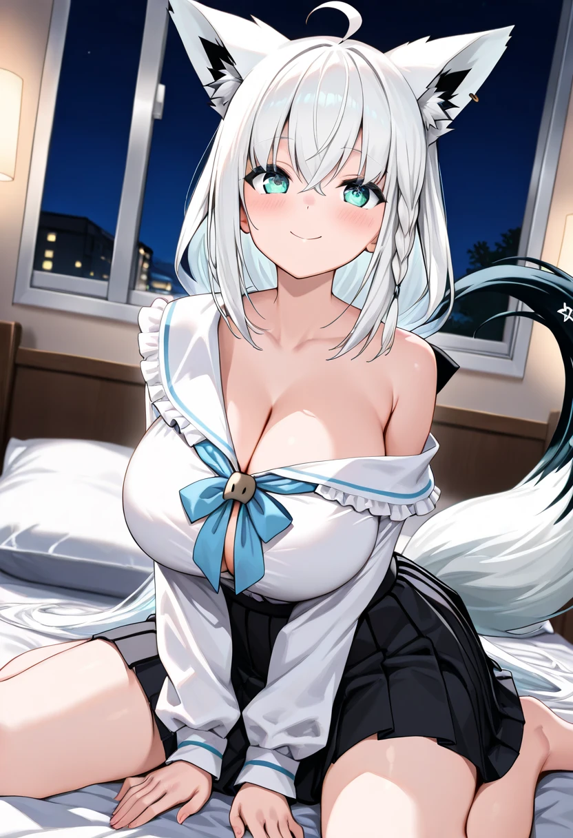 Anime character with fox tail, A beautiful fox lady, A beautiful kitsune woman, portrait, Cow print, White hoodie, Cow print hoodie
