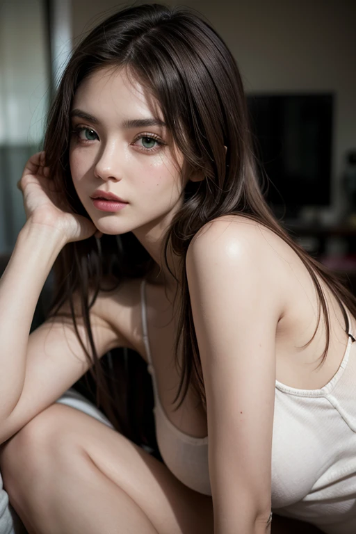 (best quality,4k,8k,highres,masterpiece:1.2),ultra-detailed,(realistic,photorealistic,photo-realistic:1.37),fashion photography, (((Stunningly beautiful Angelic girl))), (((beautiful detailed eyes))), beautiful detailed lips, long eyelashes, random hairstyle, random hair colour, stylish makeup, (((perky))), gorgeous model, posing with confidence, sensuous expression, modern photography techniques, striking contrast between light and shadow, soft and natural lighting, pale skin tone, subtle blush, pop of colour on the lips, dramatic background with vivid colours, artistic composition, ethereal atmosphere, whisper of wind blowing through her hair, graceful and elegant posture, bokeh effects, (((cream short tight silk lace night dress))), bold and creative fashion choices, sitting in a luxury bedroom with large windows to the city, (((night)))