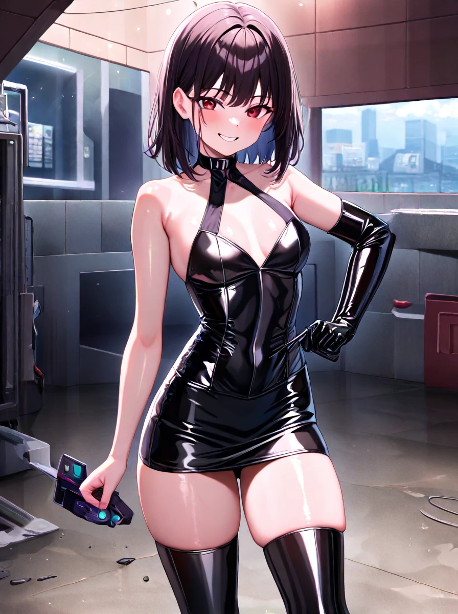 1girl, solo, short hair, black hair, black eyes, huge breasts, black dress, strapless dress, tube dress