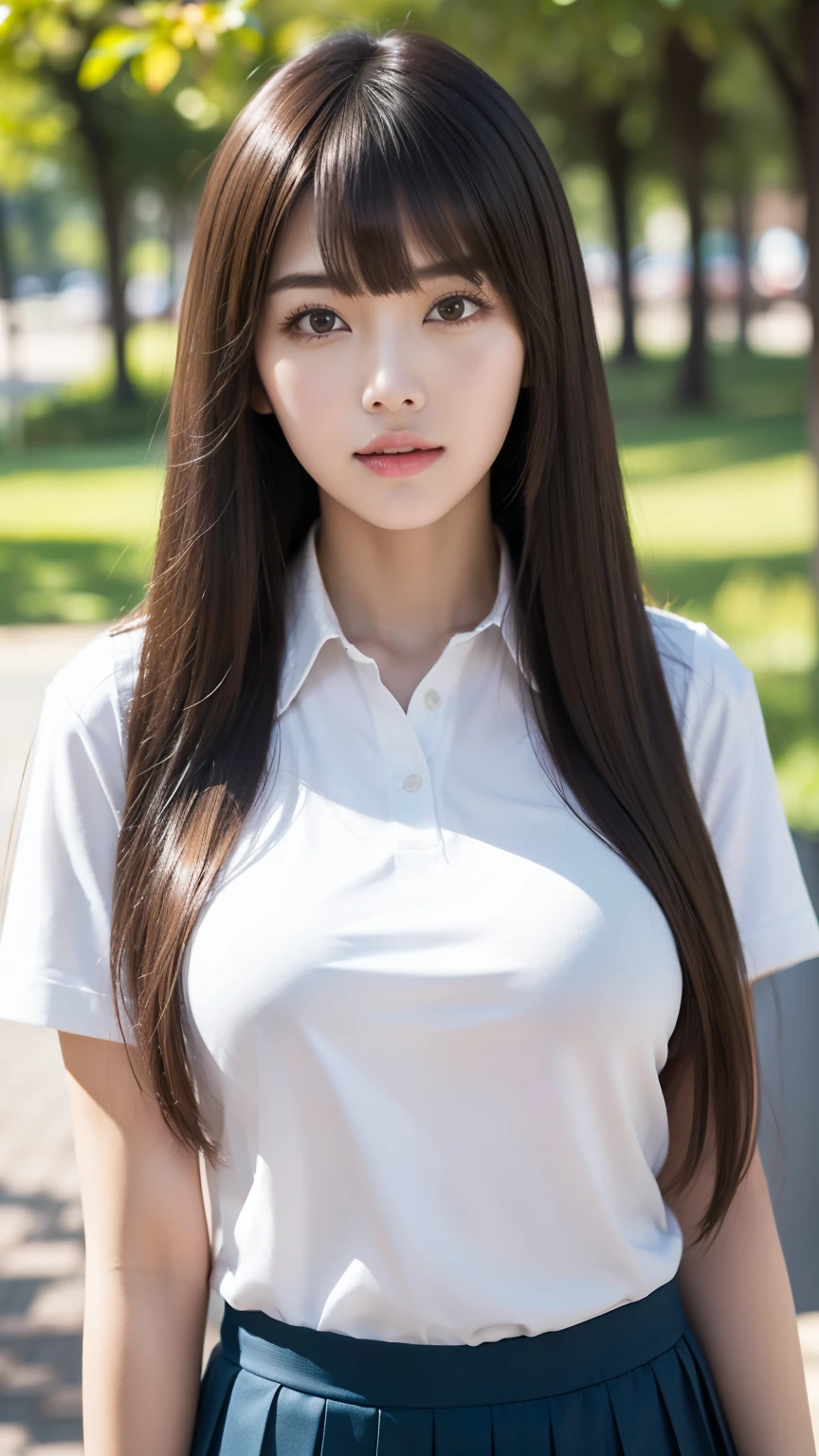 1 Japanese female, 30 years old, Very beautiful, (very cute), (Very detailed美しい顔), Great face and eyes、Wavy long hair、(Asymmetrical bangs),, My eyes got a little brighter, Dolly makeup with red around the eyes, (Tight white see-through blouse)、(Loose knit cardigan(Cream:1.2))、(Micro Mini Skirt(Lavender color:1.2)), (highest quality:1.4), (Very detailed), Very detailed CG 統合 8k 壁紙, Surreal, (Photorealistic:1.4), Raw photo, Professional photography, Cinema Lighting, Realistic portraits, (Depth of written boundary:1.4), (View Photographer:1.3), (In a park with a pond),Chubby beauty、 (Large Breasts:1.4)、Deep cleavage、(Voluptuous thighs)、 (Whole Body Ezbian), Accurate Eyes, Beautiful mouth, (Keep your mouth completely closed), (evening:1.3), (Looking at the camera), (Amazing sunset:1.25), A smile that makes people happy、A photo showing you from head to knees