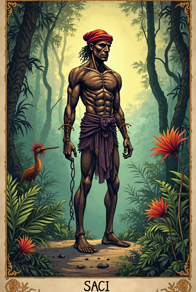 black-skinned male, having only one leg, smoking a pipe, in one hand he carries a spear with seven points, dressed only in leaves and herbs, that wraps around the waist and chest, calm demeanor, pure and distracted, olhando para as Trees, a beautiful bird accompanies him as a faithful friend, is located in a virgin forest, richly adorned with many species of plants, Trees, climbing vines, flowers, all with great healing power, a great atmosphere of joy and protection is in the air, a stream in the distance.