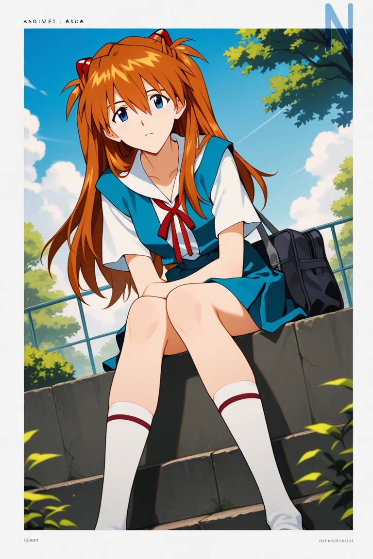 (masterpiece, best quality:1.2), (tsurime:1.2),
(face focus, face close-up, close-up face:1.2), tsurime, 1girl, souryuu asuka langley, solo, blue eyes, school uniform, looking at viewer, long hair, looking back, tokyo-3 middle school uniform, orange hair, white shirt, from behind, shirt, short sleeves, closed mouth, bangs, two side up, stairs, feet out of frame, white socks, suspender skirt, blue skirt, blue dress, outdoors, dress, hair ornament,