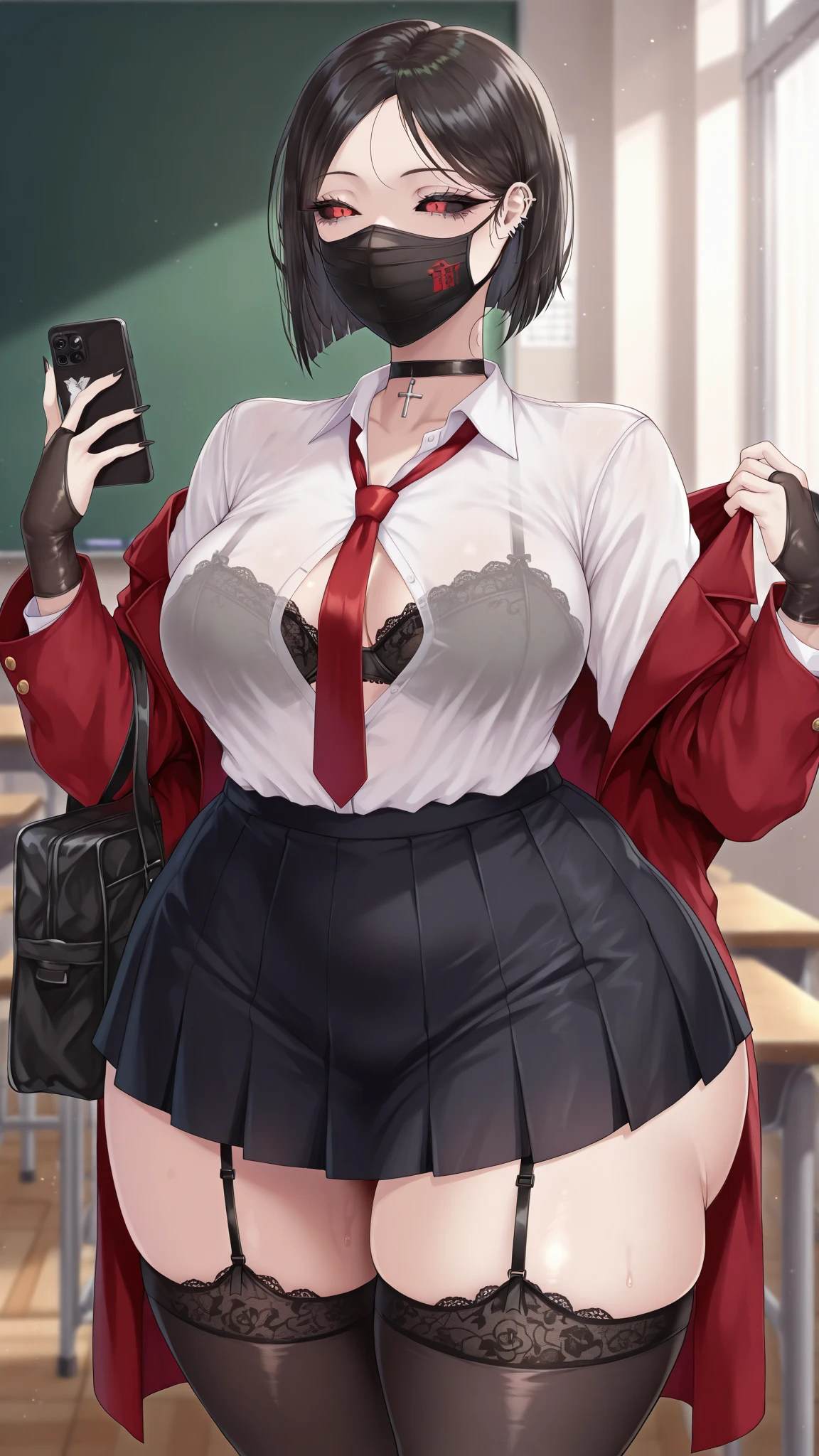nsfw:1.4, full body, A studious student, with a bookish, intellectual style. She wears glasses perched on her nose, with her hair pulled back in a neat bun. She wears a cozy sweater over a collared shirt, paired with a plaid skirt and knee-high socks, big , deep cleavage, bare tummy, thick thighs, slim waist, erotic expression. She carries a stack of books under one arm, exuding a sense of intelligence and curiosity.