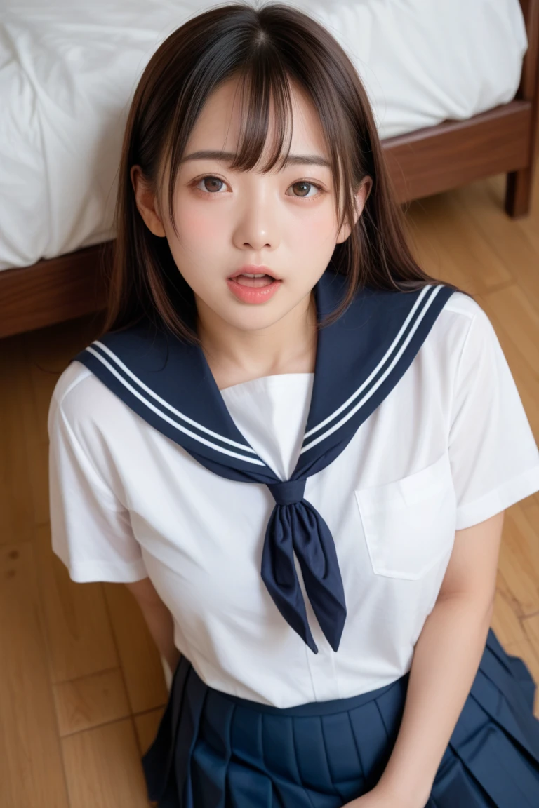 adorable, 1 girl, , baby face, shy, full body portrait, (face details: 1), (eye details: 1), ((medium breasts, cleavage)). (white long-sleeved sailor uniform, black skirt: 1.2). Cute posed. proportional body. Ultra High Res. realistic: 1.4, UHD