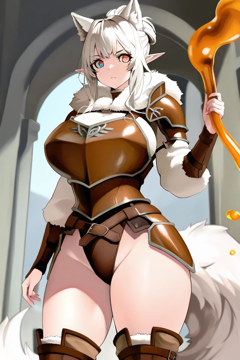 Busty female bunny,Fluffy white hair. Wearing simple and stylish golden bikini armor. . Holding a short sword,Kneeling and squatting,Full body portrait,Expression smile